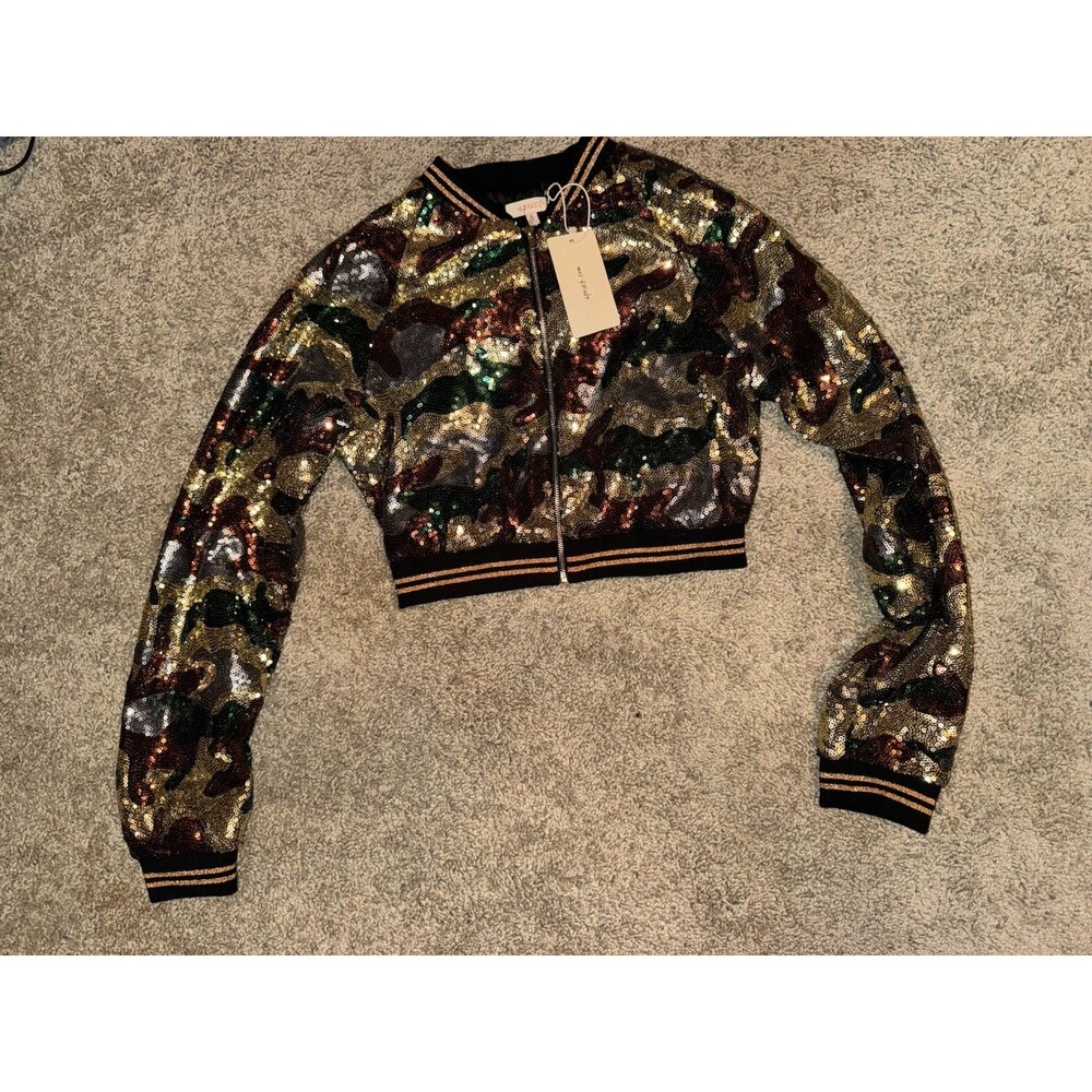 a.peach Women’s Sequin Camouflage Bomber Jacket Full Zip Long Sleeve Size S